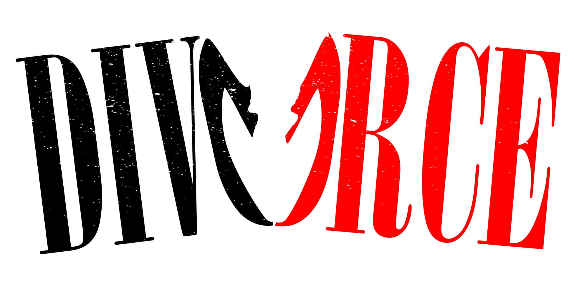 Word divorce in black and red letters, broken in the middle. No fault divorce