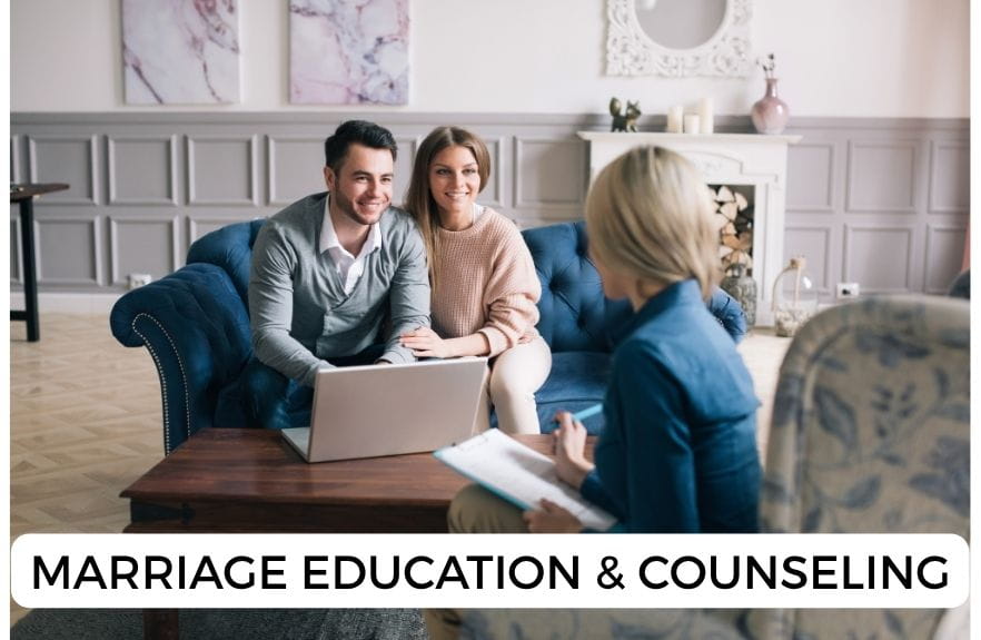 marriage education and counseling A couple looking at a laptop presentation by a counselor. The image is labeled "marriage education and counseling"