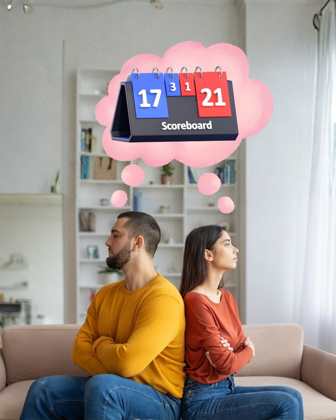 A couple with their backs turned on each other. A thought bubble with a scoreboard is above their heads, signifying they are both keeping score about something