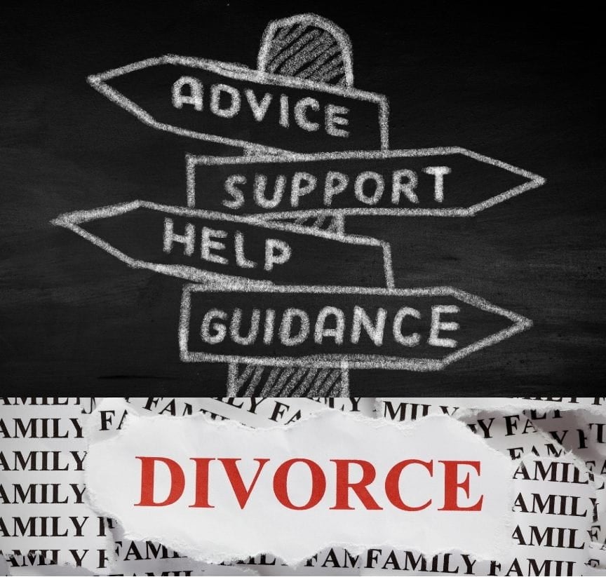 The word "divorce" with a signpost above it sporting the words "advice", "support", "help", "guidance"