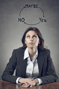 woman look at circle over her head: Yes, No, Maybe. Deciding to Divorce
