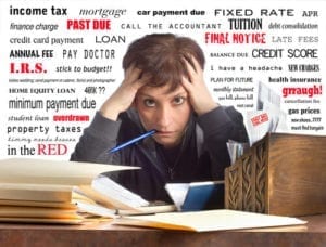 Harried woman holding her head in front of word cloud showing complicated financial situation