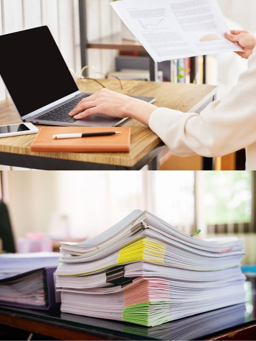A person documenting everything on a computer and a stack of printed files