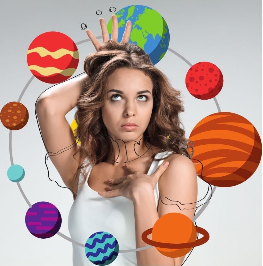 woman with solar system revolving around her