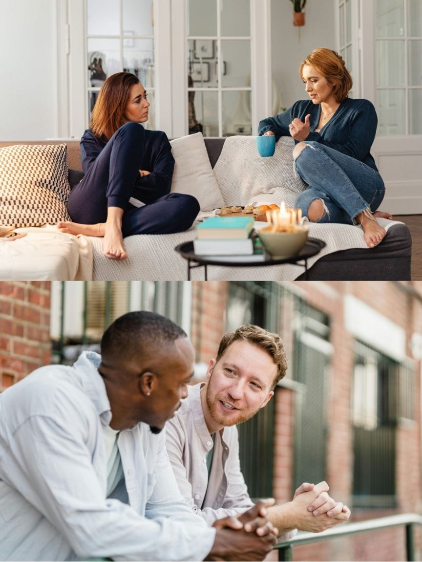 talking to a friend A woman talking to a friend and a man talking to a friend