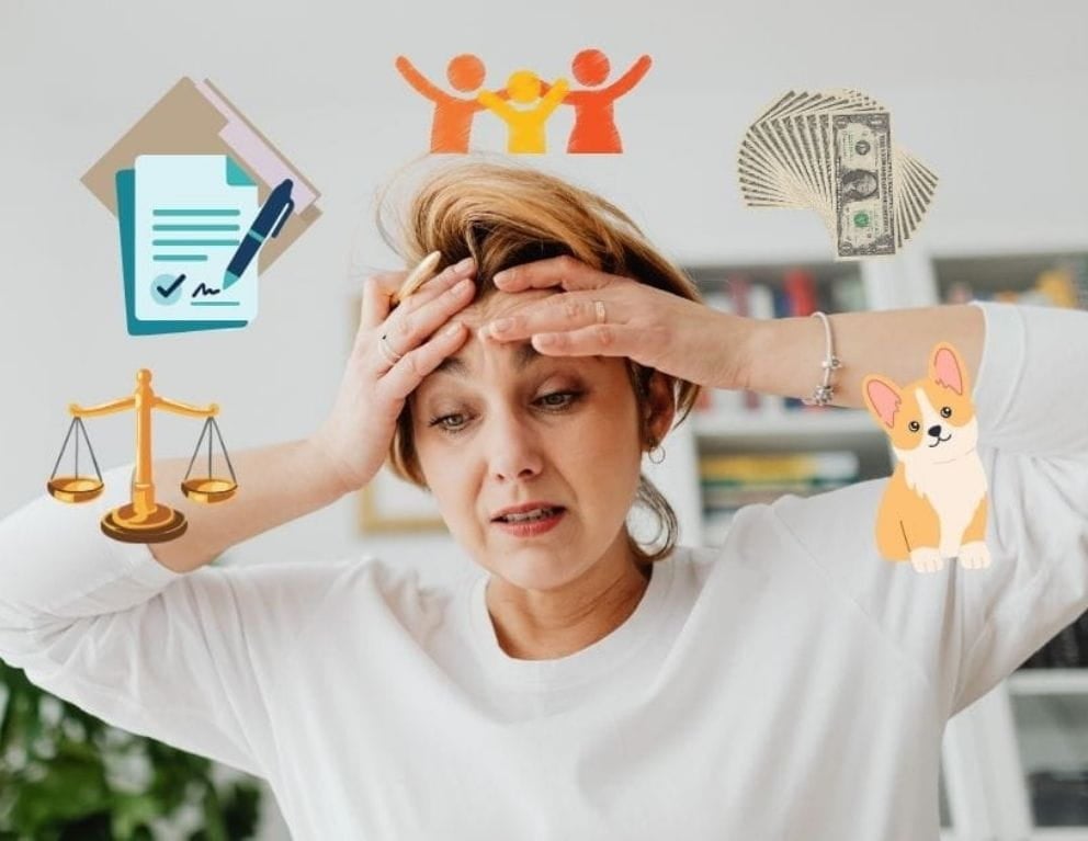 Getting Through Divorce Cropped image of an overwhelmed woman putting her hands on her head. Images representing her different thoughts (papers, bills, kids, pets, etc) revolve around her.