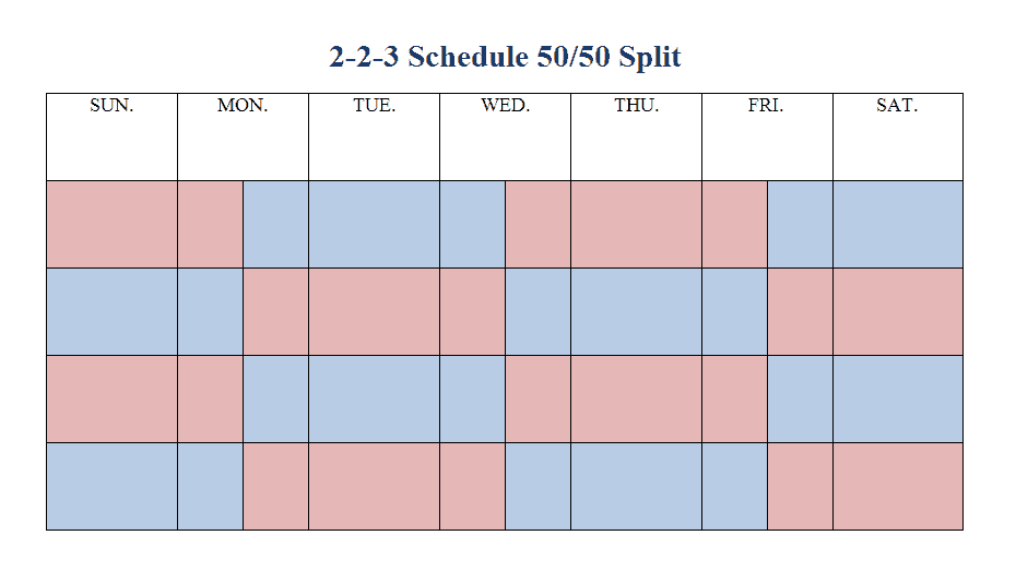 Calendar showing 2-2-3-3 Co-Parenting Schedule