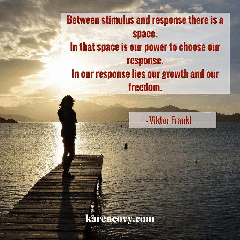 Woman on a dock at sunrise with Viktor Frankl quote about choice