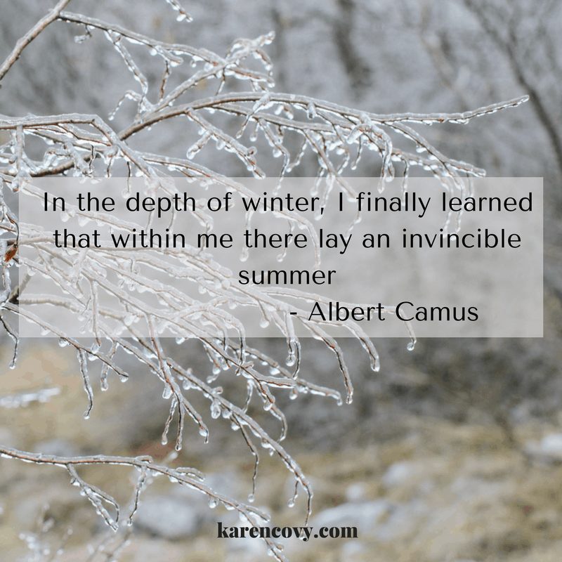 Albert Camus quote over ice on winter branches.