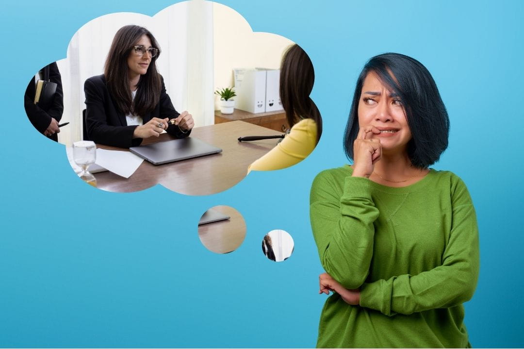worried about cross examination A woman worried, the thought bubble beside her shows she is thinking of her upcoming deposition