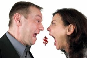 Couple screaming at each other with dollar sign between them. Why is divorce so expensive?