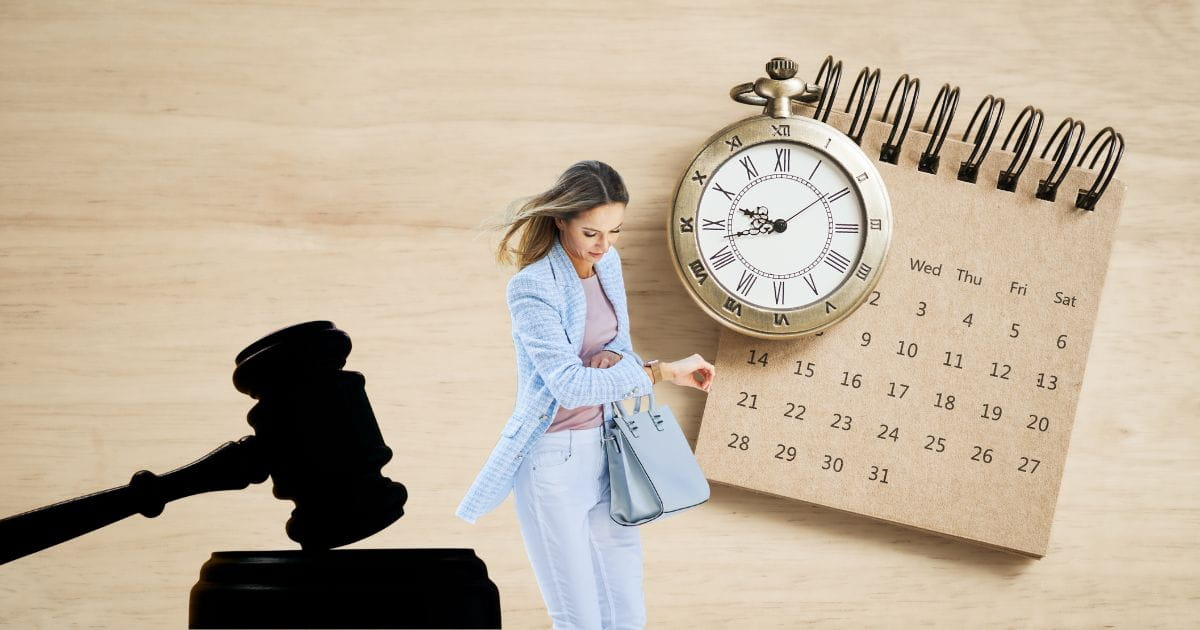 A silhouette of a judge's gavel, with a woman beside it in a hurry, looking at her watch and a calendar