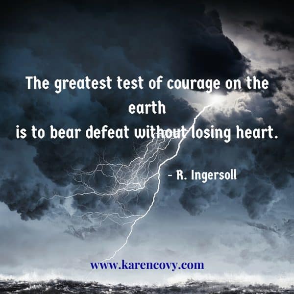 Lightning over raging ocean with quote: The greatest test of courange on the earth is to bear defeat without losing heart.