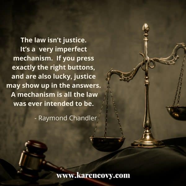 Scales of justice with quote: Thee law isn't justice ...