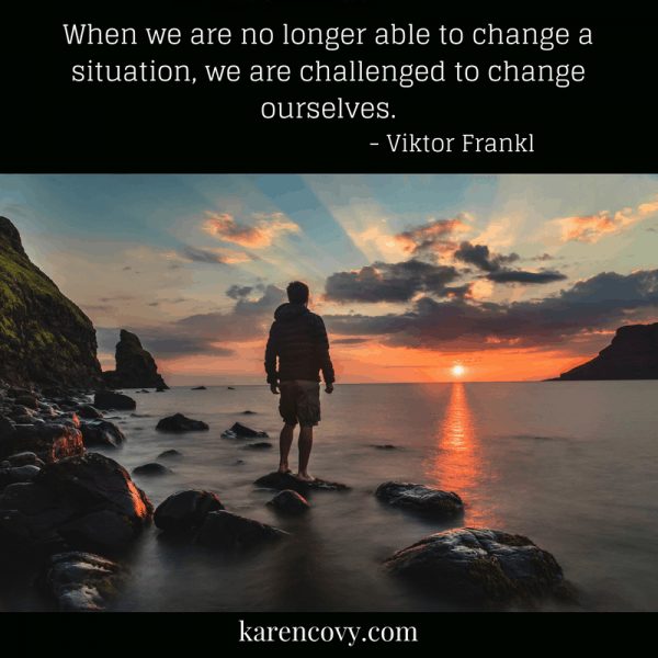 Young man staring at sunset. Viktor Frankl quote. When we are no longer able to change a situation, we are challenged to change ourselves.