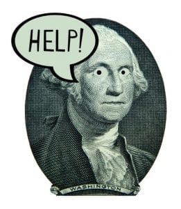 Close up of George Washington on money with word bubble: Help!