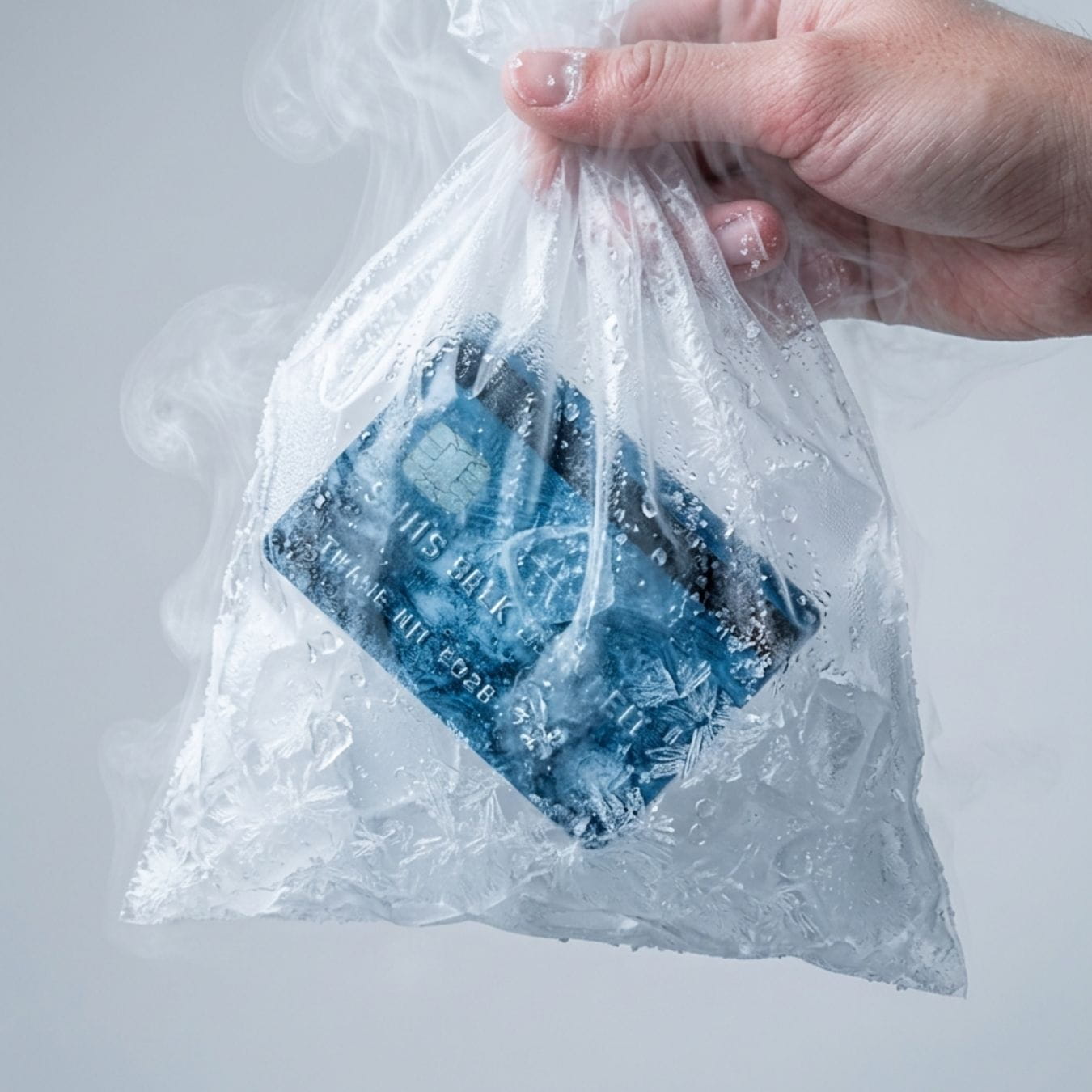 frozen credit card AI image of a frozen credit card inside a bag of ice