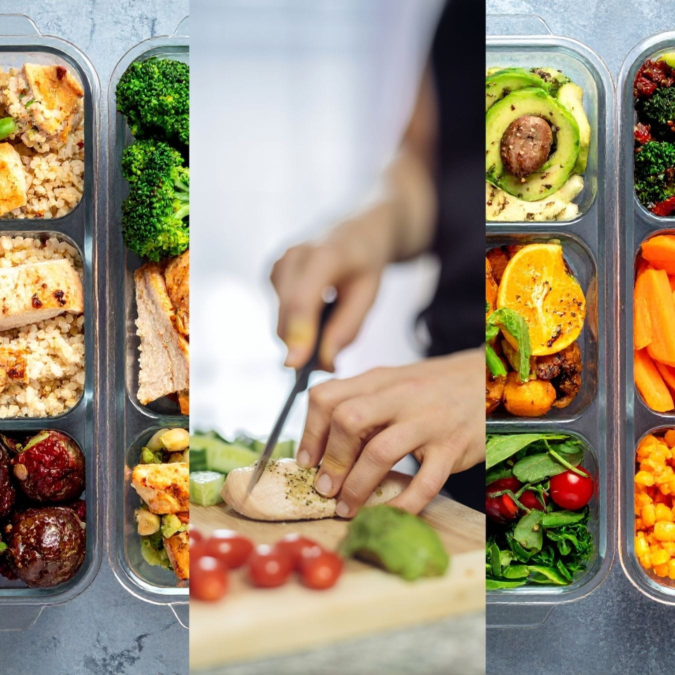 meal prep A hand cutting vegetables on a chopboard. Behind are background images of homecooked meals