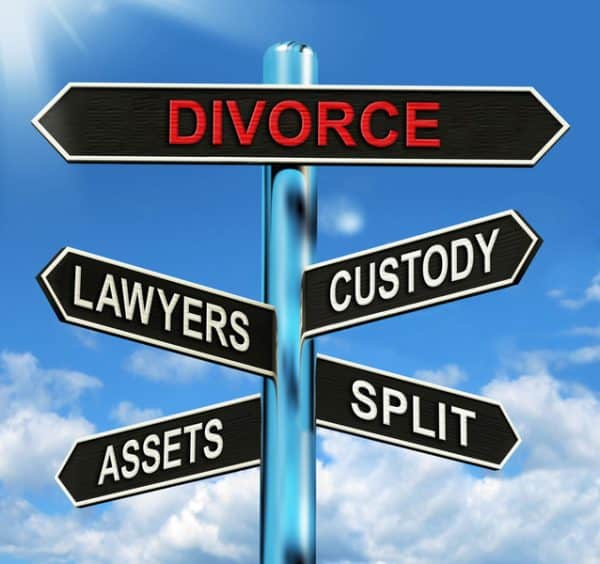 Street sign with words "divorce" "lawyers" "custody" etc. signifying how to get a divorce in Illinois