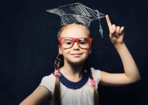 Small girl with big red glasses and a graduation cap drawn over her head understands divorce in Illinois