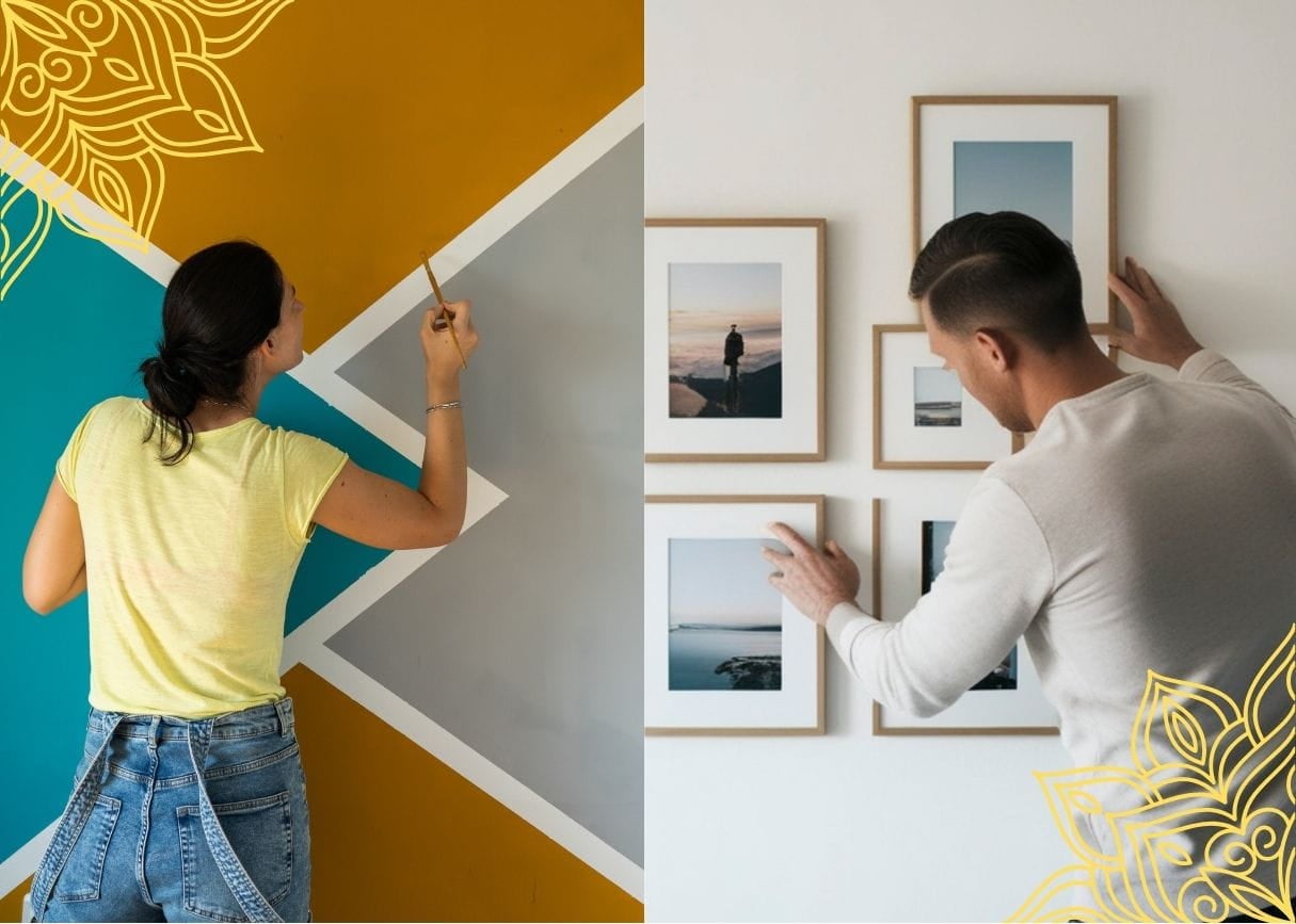 rearranging and redecorating An image split in 2 halves. On the left, a woman paints a wall in colorful designs. On the left, a man arranges picture frames on a wall.