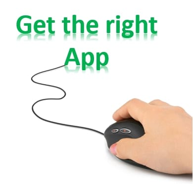Hand on a mouse with a cord that leads to the words "Get the Right App"
