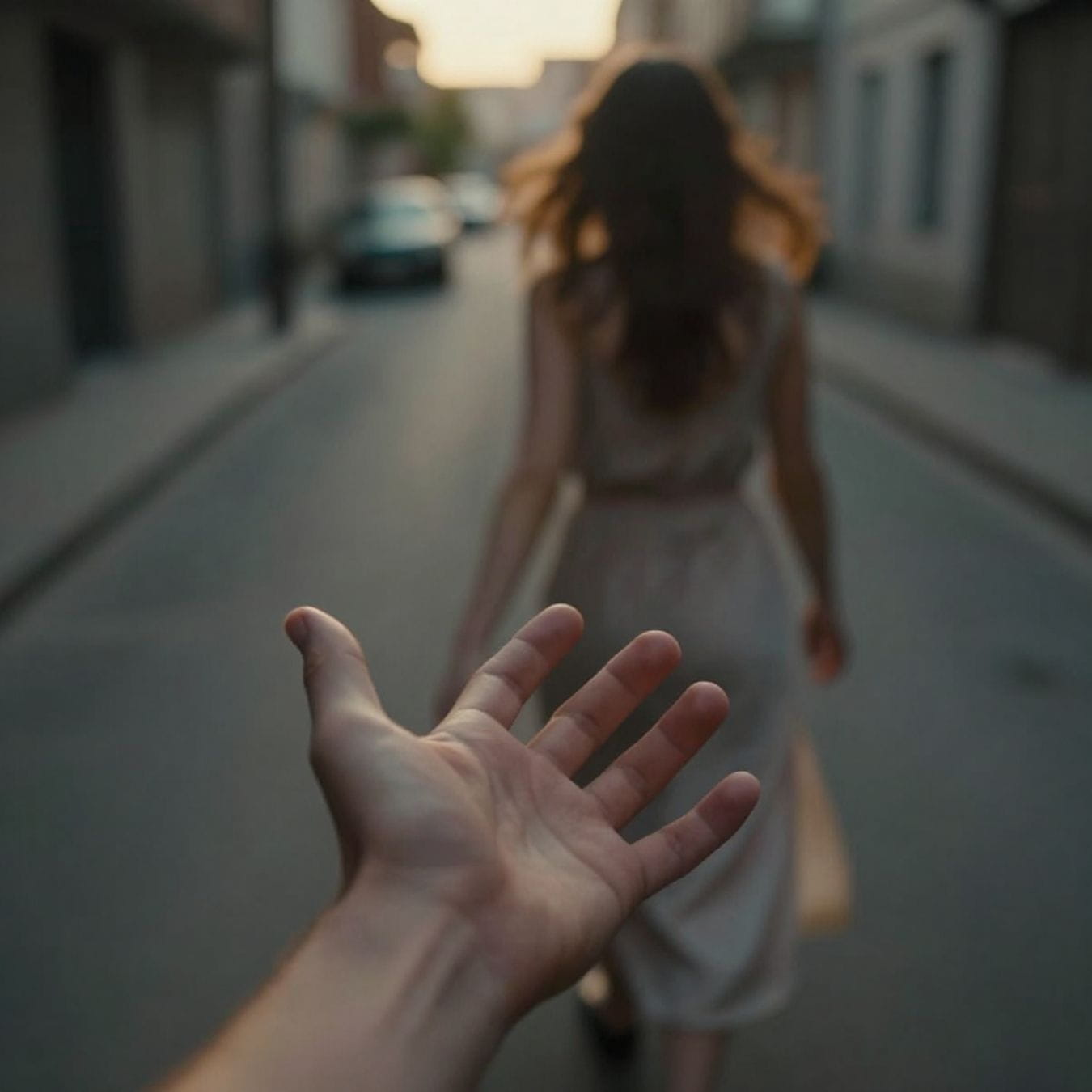 AI image of a hand reaching out towards a woman who is walking away. An act of letting go