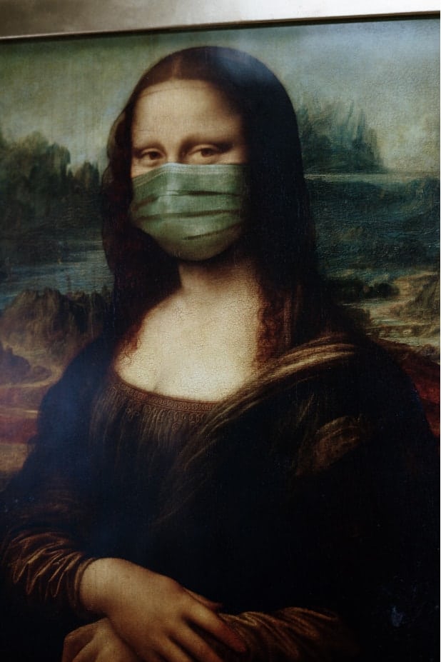 Mona Lisa with a surgical mask representing Marriage During Quarantine.