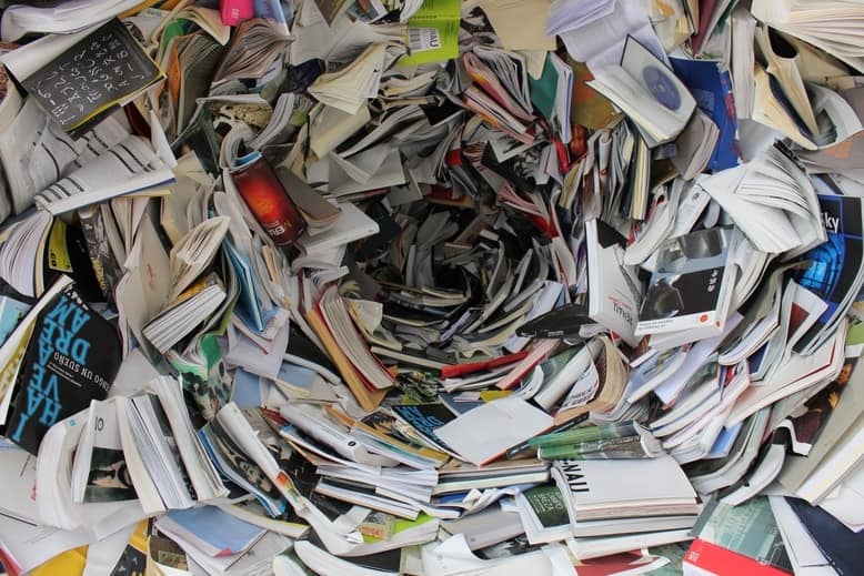 Pile of books in a big mess.