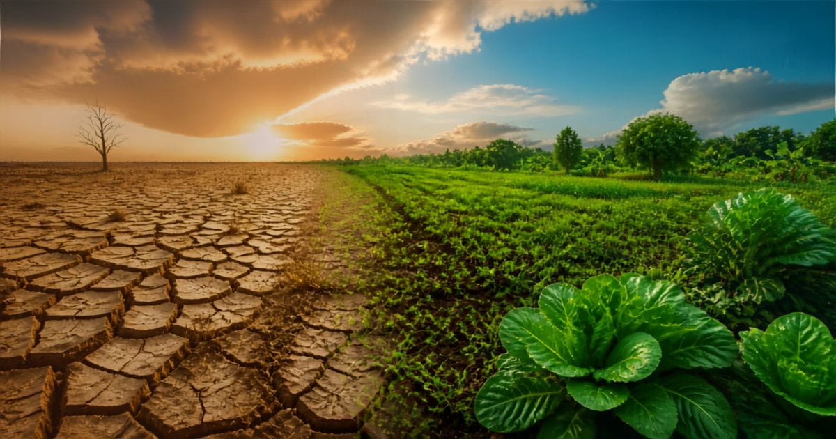 AI image of a dry and barren landscape on the left transitioning to fertile, abundant and rich land on the right