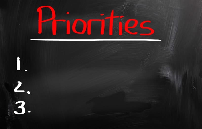 Black chalkboard with "Priorities" written in red. White chalk numbers 1,2,3 are underneath.
