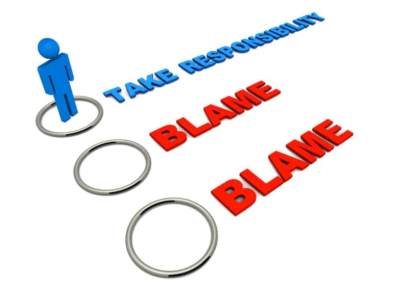 List of words starting with "Take Responsibility" in blue followed by "Blame" in red signifying responsibility is not blame.