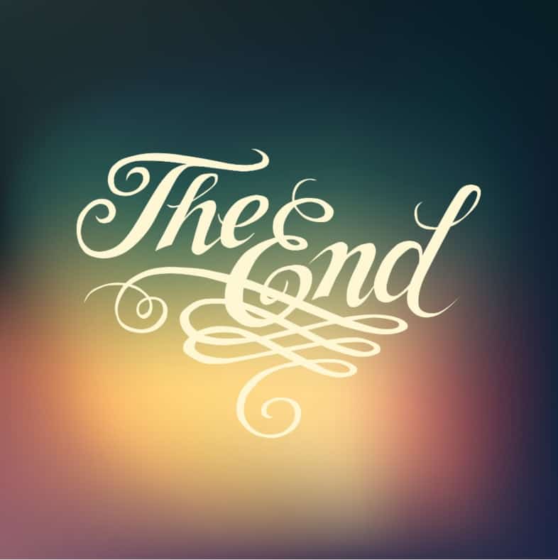 Words "The End" written in beautiful script over multicolored background.