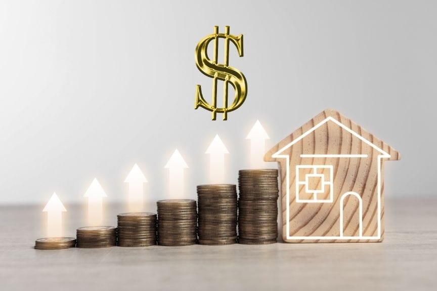 a dollar sign and coins surrounding a diorama of a house. value of property in divorce