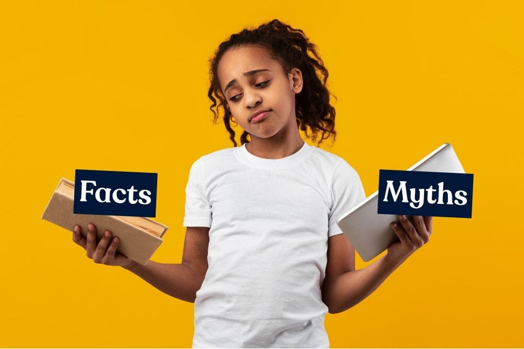 woman choosing between two things. One is labeled "facts", the other "myths"