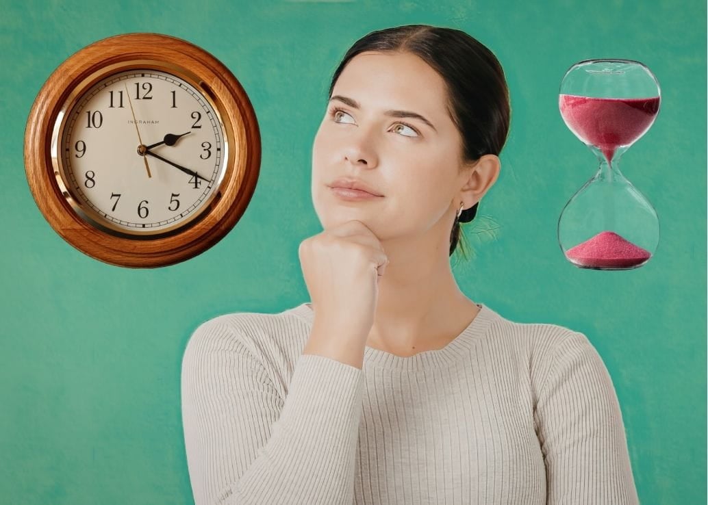 length of divorce woman with her hand under a chin, a clock and hourglass beside her. length of divorce