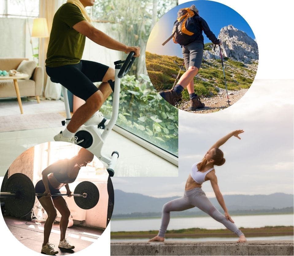 A photo collage of people exercising and working out