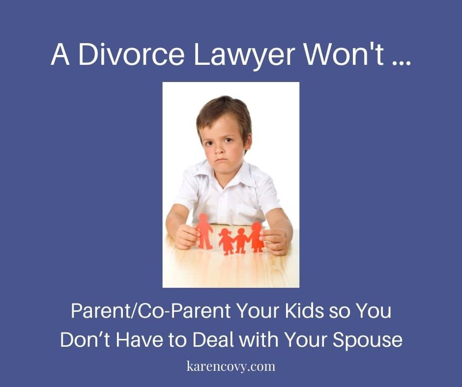 Meme: Picture of a sad boy with paper cutout of a broken family with the caption, "A Divorce Lawyer Won't Parent/Co-Parent Your Kids so You Don't Have to Deal with Your Spouse."