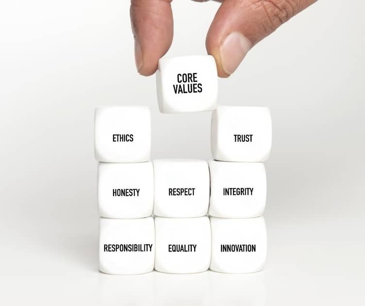Dice with different Core Values printed on them.