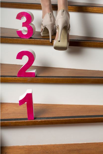 Woman walking up stairs in high heels with numbers 1, 2 and 3 on each stair.