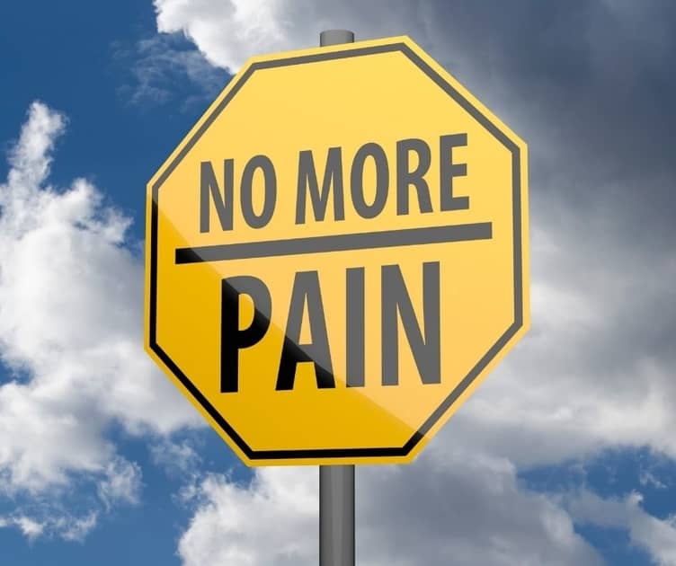 Yellow sign that says "No More Pain" against a cloudy sky.