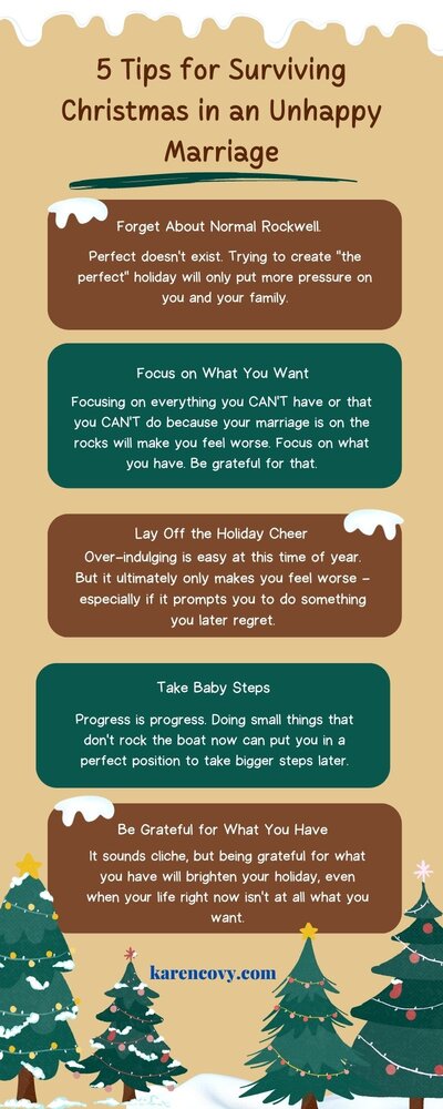 Infographic listing 5 tips to survive the holidays when you're in an unhappy marriage or contemplating a Christmas Divorce.
