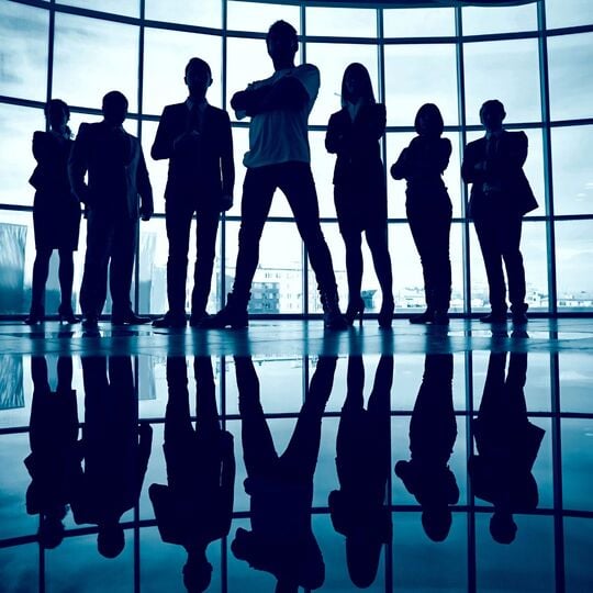 Sihouettes of a team of business professionals standing against glass windows in a modern background.