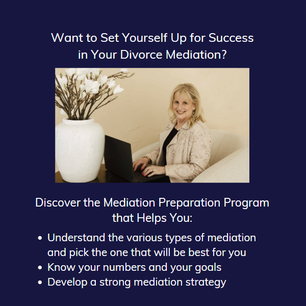 Picture of Karen Covy at a computer with a list of the benefits of the Mediation Preparation Program