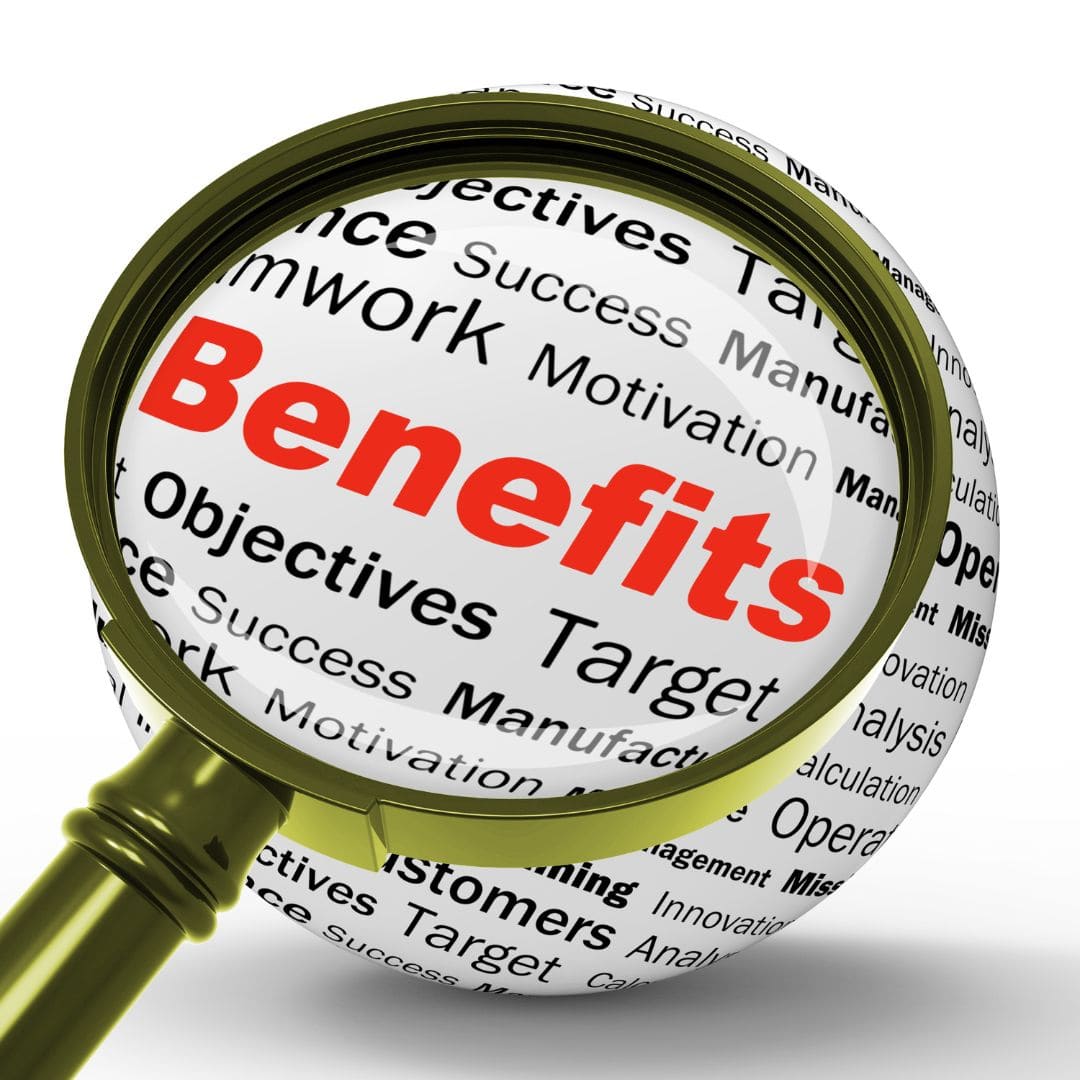 Picture of magnifying glass on the word "Benefits" in red.