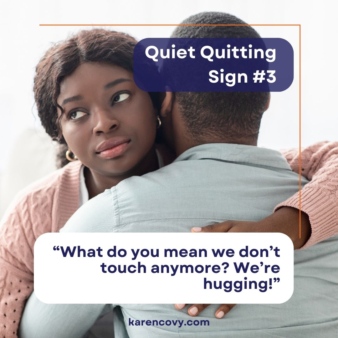 Quiet quitting marriage meme. African American couple hugging while woman rolls her eyes.