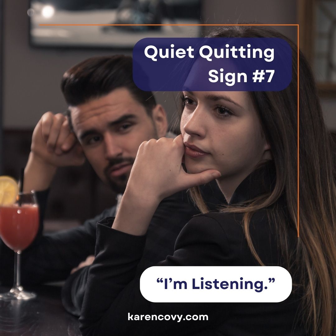 Quiet quitting marriage meme of a couple at a bar avoiding eye contact with each other while the woman disingenuously says "I'm listening."