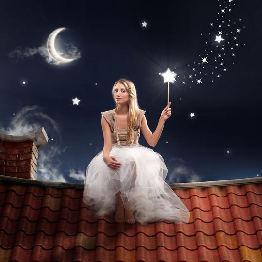 Fairy godmother sitting on a roof with her magic wand.