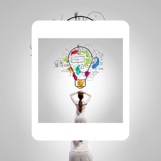 Woman with a swirling lightbulb over her head. Planning.