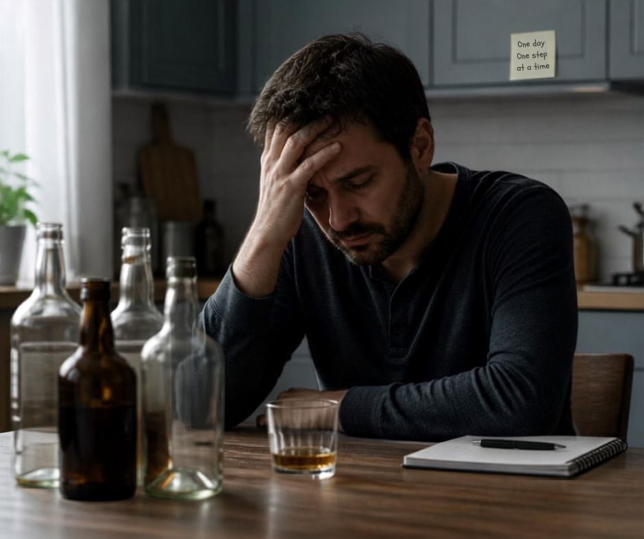AI generated image of a man stuck in a bad marriage with multiple bottles of alcohol and a drink in front of him.
